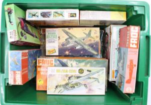 A box of mixed model kits, with examples including a Frog 1/96th scale Avro Lancaster, a Revell 1/