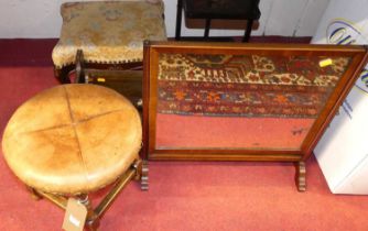 A beech wood and leather topped stool; 19th century mahogany toilet mirror; Japan lacquered three-