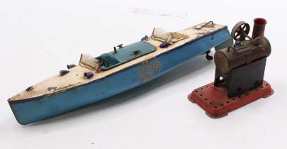 A Hornby tinplate and clockwork river cruiser leisure boat together with a small Mamod spirit-