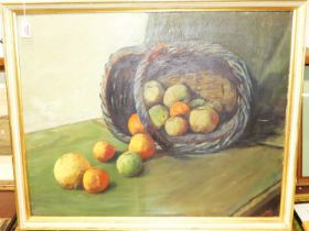 Contemporary school - Still life with fruit in an upturned basket, oil on mill board, indistinctly