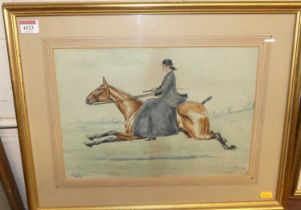 Early 20th century school - Study of a lady upon a galloping horse, watercolour, signed with
