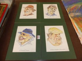 A set of four satirical ink and watercolour sketches of horse racing folk, each 21 x 16cm, unframed