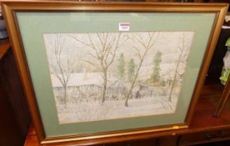A Briscoe - Winter garden scene, watercolour heightened with white, signed lower right, 35 x 47cm
