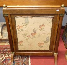 A 19th century German mahogany and brass mounted floral fabric inset fire screen, width 86cm