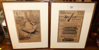 A pair of reproduction monochrome advertising prints for Swan Fountain Pens, each 35 x 24cm