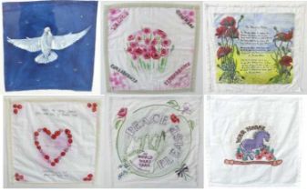 A set of six hand-painted handkerchiefs as displayed for the 2018 World War One Art Trail 'Hanky