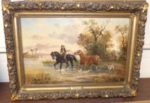 Late 19th century continental school - Leading horses through a river at sunset, oil on canvas,