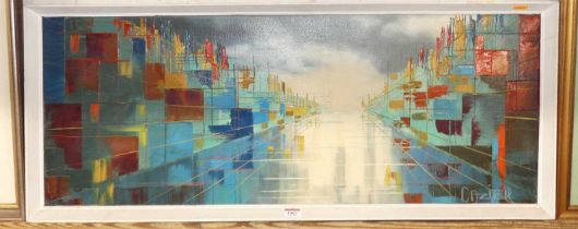 C. Azier - The Glass City, oil on canvas, signed lower right, 35 x 90cm