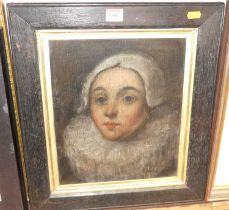 A 17th century style bust portrait oil on oak panel, indistinctly signed lower right and inscribed