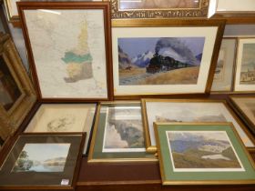 Assorted prints to include examples by Heaton Cooper, David Cemmick, and a map of the rivers,