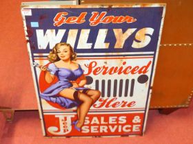 A printed tin wall sign titled Get Your Willys Serviced Here, 70 x 50cm