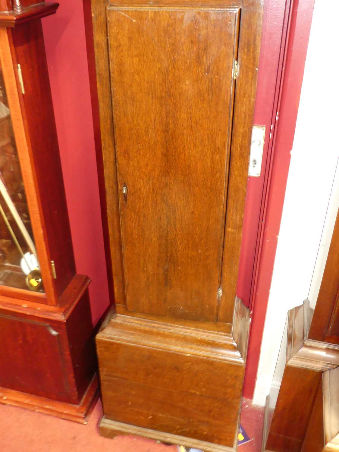 A circa 1800 oak provincial long case clock, having a square painted dial, signed D Clayton, Boston, - Image 3 of 4