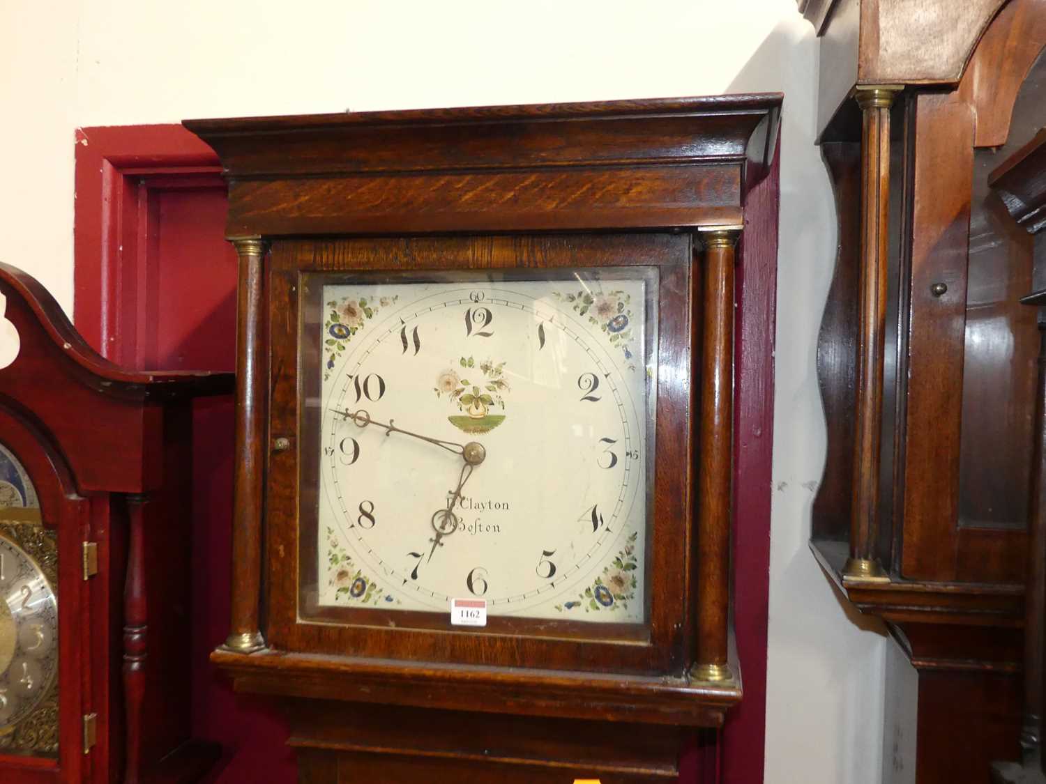 A circa 1800 oak provincial long case clock, having a square painted dial, signed D Clayton, Boston, - Image 2 of 4