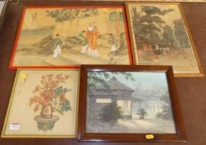 H Yoshida - Way to Kasuga shrine, woodblock, 38 x 26cm; together with a Japanese watercolour,