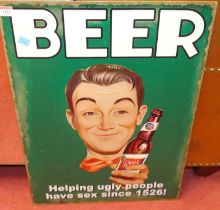 A printed tin wall sign titled Beer, 70 x 50cm