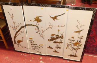 A contemporary Oriental lacquered, painted and inlaid four section wall hanging, depicting birds