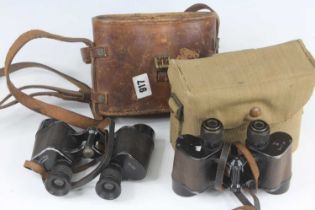 A pair of Air Ministry binoculars, marked GE/471, in a WW II canvas webbing pouch marked M.E.Co.
