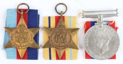 A collection of three WW II medals, to include 1939-1945 Star, Africa Star and War medal, with