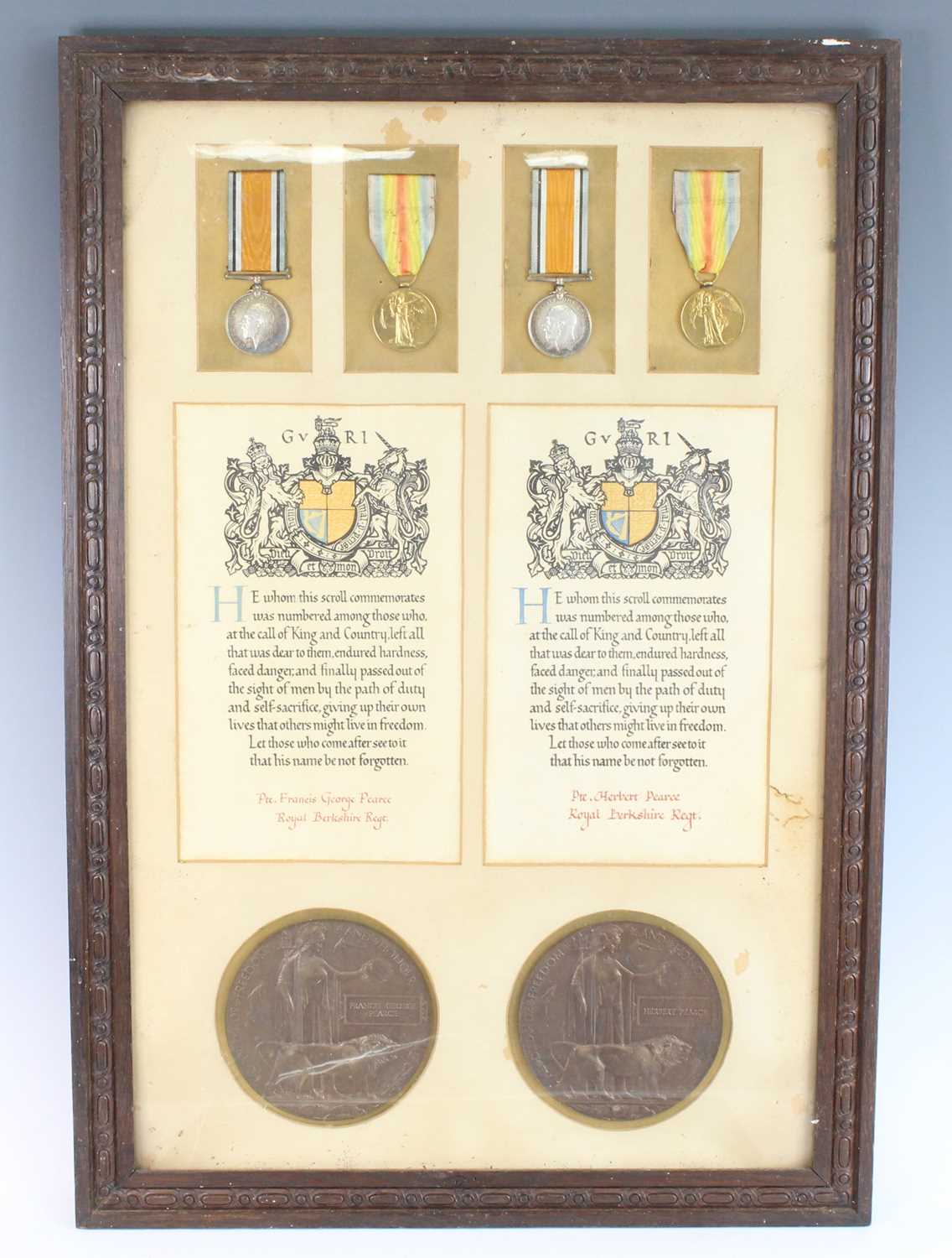 A WW I family Casualty group, to include two pairs of British War and Victory medals, with bronze