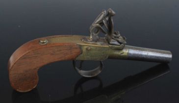 A 19th century flintlock box-lock pocket pistol, having a 6cm turn-off steel barrel, the brass frame