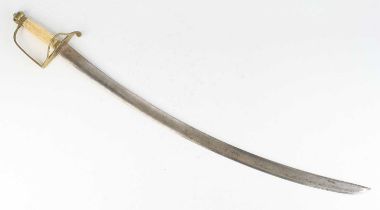 A George III Officer's spadroon, having a 72cm curved blade the brass stirrup hilt with wavy side