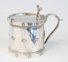 A Victorian silver novelty mustard pot in the form of a military side drum, the hinged cover with