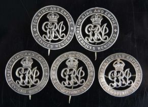 A collection of five WW I Silver War badges, each numbered verso with correspoding research to