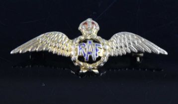 A yellow metal and enamelled R.A.F. sweetheart wing brooch, stamped 9ct (and tests as), sponsors