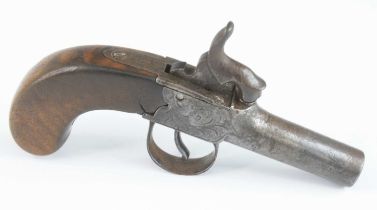 A 19th century box-lock percussion pocket pistol, having a 4.5cm turn-off steel barrel, foliate