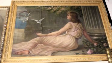 AL Bond (late 20th century) - Reclining maiden with doves, pastel on canvas board, signed lower