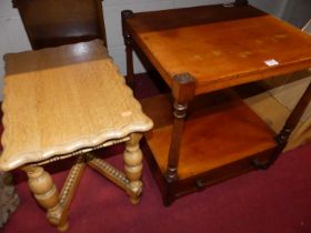 An oak occasional table, mahogany two-tier whatnot, and a mahogany two-tier occasional table (3)