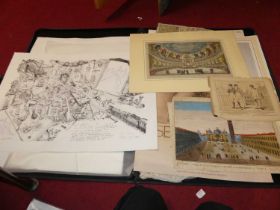 An artist's folio and contents, to include numerous unframed prints including topographical views