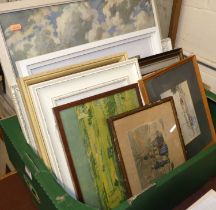 A box of assorted pictures and prints to include various landscapes and coastal watercolours, Gill