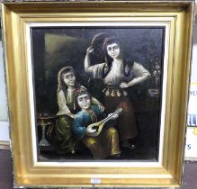 Early 20th century continental school - Gypsy musicians, oil on mill board, 43 x 39cm
