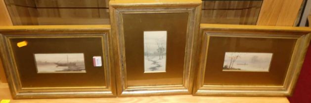 Early 20th century school - a set of three river landscapes, sepia watercolours, each 7 x 13.5cm