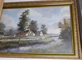 Late 20th century Dutch school - River landscape, oil on canvas, indistinctly signed lower right, 61