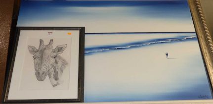 Contemporary - pencil study of a giraffe, together with a beach scene acrylic on canvas (2)