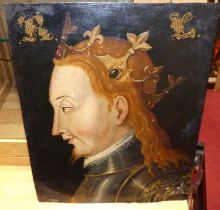 A circa 1900 profile portrait study of a medieval king with red hair and wearing a crown, oil on