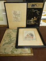 A framed Japanese silkwork, 80 x 25cm; together with an English framed silkwork; and two Japanese