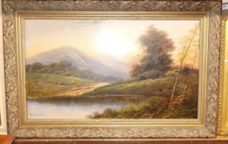 T Wood - Mountain landscape with sheep grazing, oil on card, signed lower left, 36 x 62cm