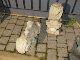 A concrete garden seated heraldic lion, together with a similar recumbent example (2)