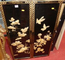A pair of contemporary Japanese black lacquered gilt decorated and inlaid wall panels, each 92 x