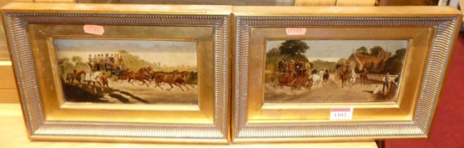 A pair of stagecoach scenes, reproduction oil on panel, 10 x 19.5cm