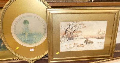 Circa 1900 English school - Returning home in winter, watercolour signed with monogram lower