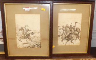 Continental school - Pair; Historical battle scenes, ink studies, each signed with monogram lower