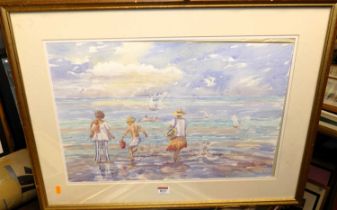 June Crawshaw - Children playing on the beach, watercolour, signed lower right, 35 x 54cm