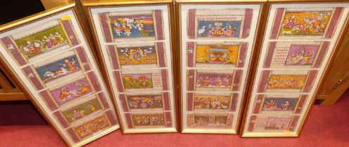 Indian Moghul school - a set of four framed displays each depicting five gouache studies of