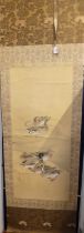 A Chinese scroll painted in gouche with ducks, signed and with studio seal, 115 x 49cm, all within a