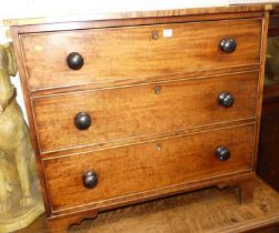 An early 19th century mahogany square front chest of three long graduated drawers, width 92cm