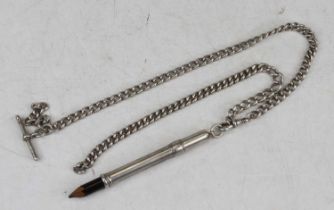 A silver curblink double watch chain with Albert, 2oz, length 55cm, supporting a white metal